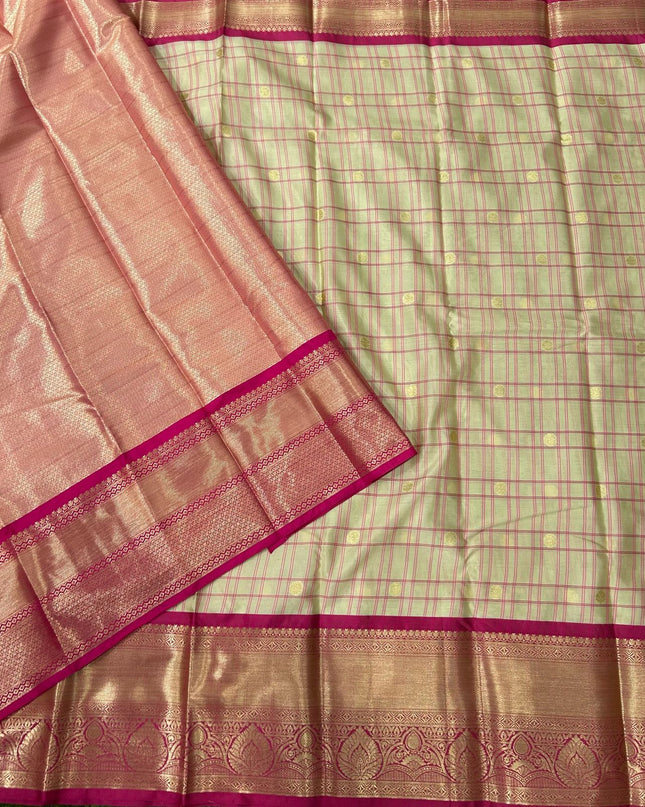 Cream n pink checks semi kanchivaram saree