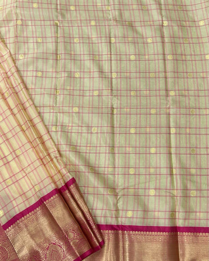 Cream n pink checks semi kanchivaram saree