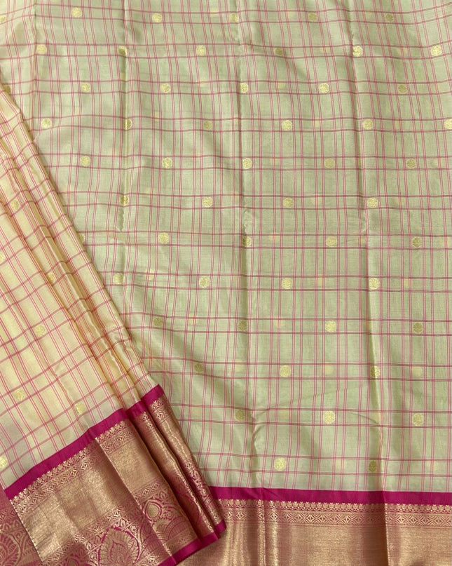 Cream n pink checks semi kanchivaram saree