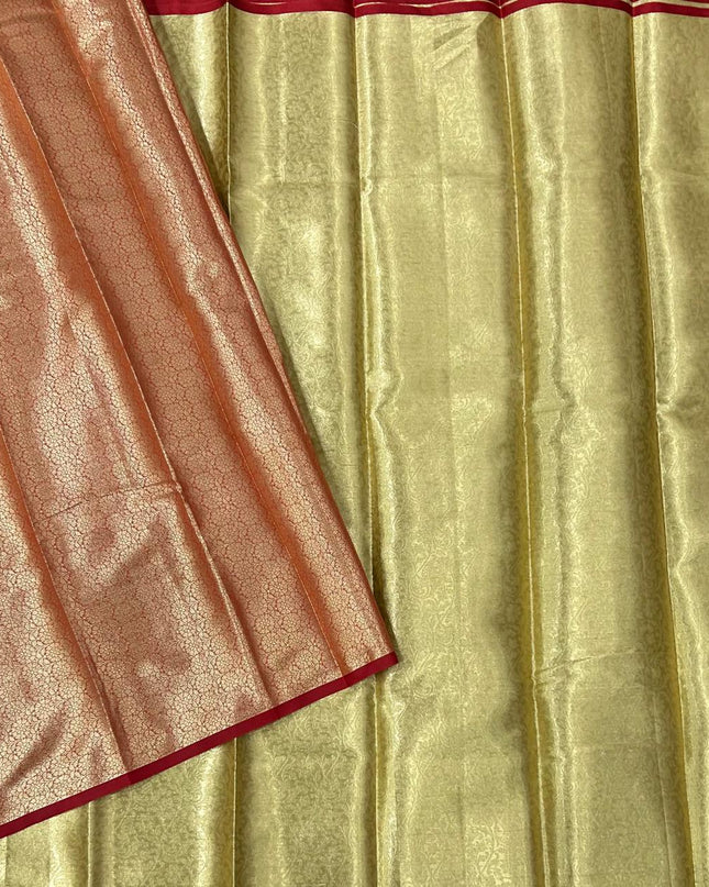 Golden n red brocade tissue semi silk saree
