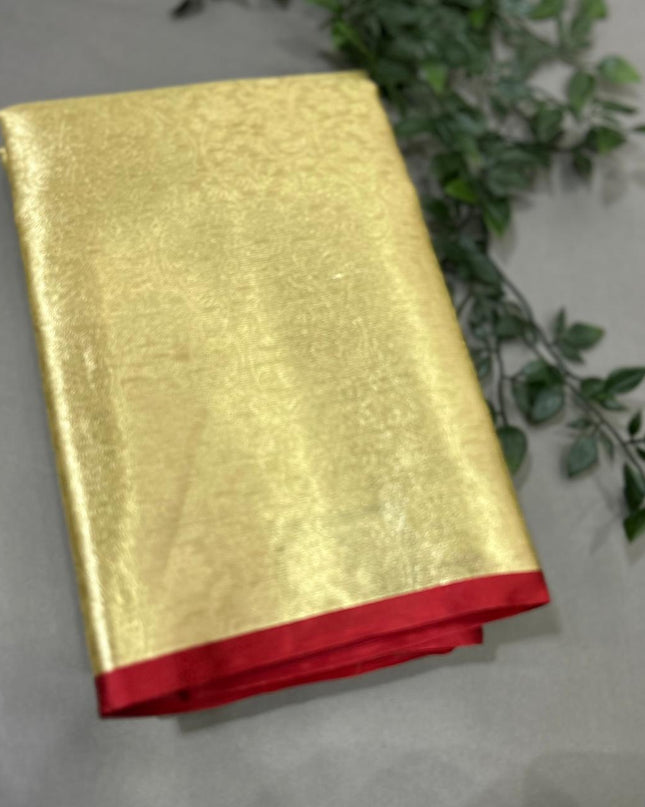 Golden n red brocade tissue semi silk saree