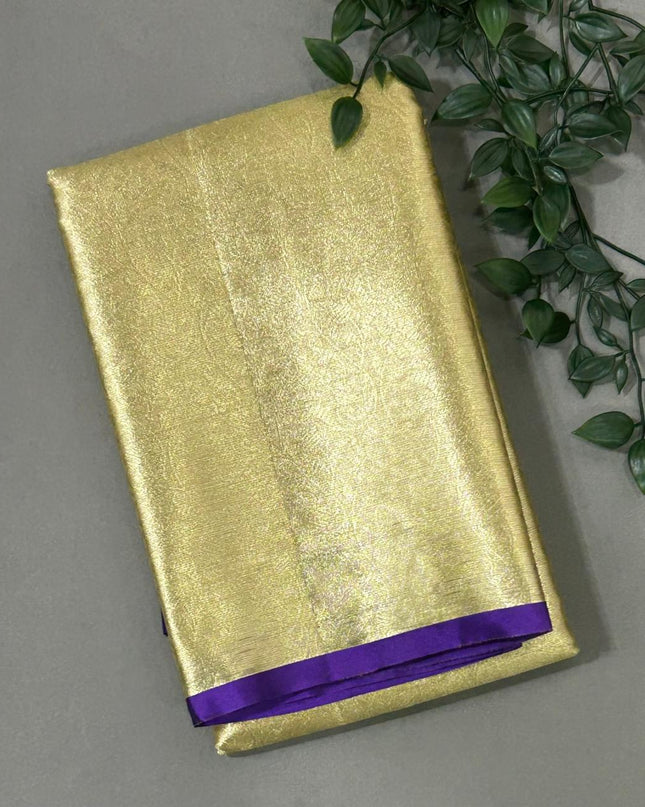 Golden n purple brocade tissue semi silk saree