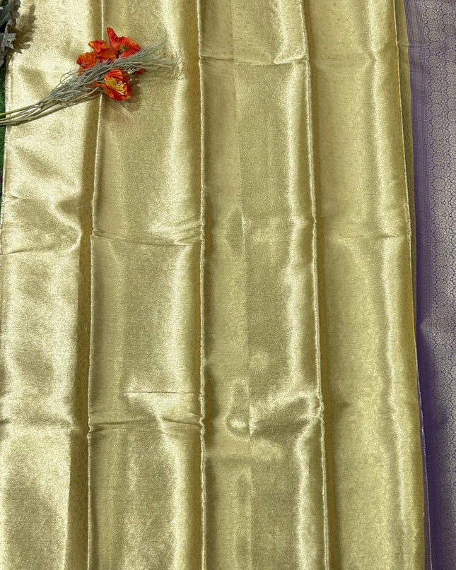 Golden n purple brocade tissue semi silk saree