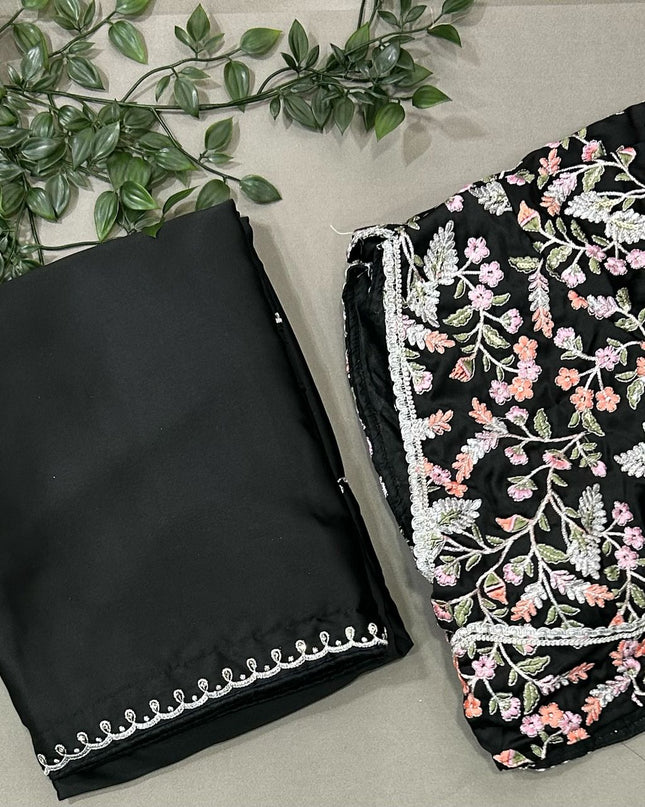 Shriya Saran inspired black satin saree- stitched blouse