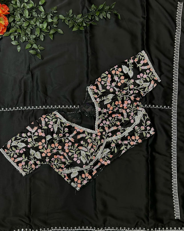 Shriya Saran inspired black satin saree- stitched blouse