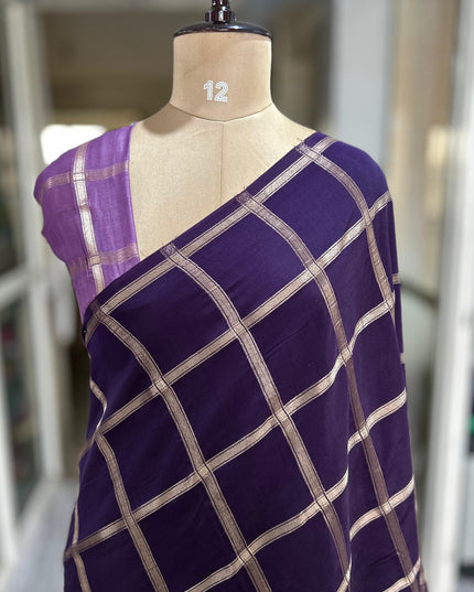 Purple soft tussar crepe checks saree