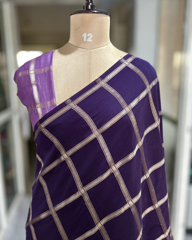 Purple soft tussar crepe checks saree