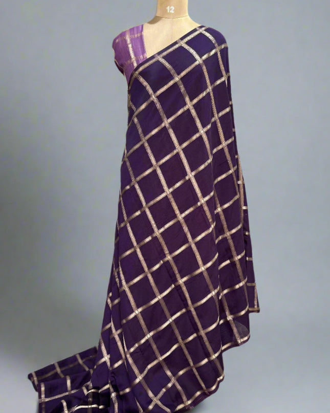 Purple soft tussar crepe checks saree