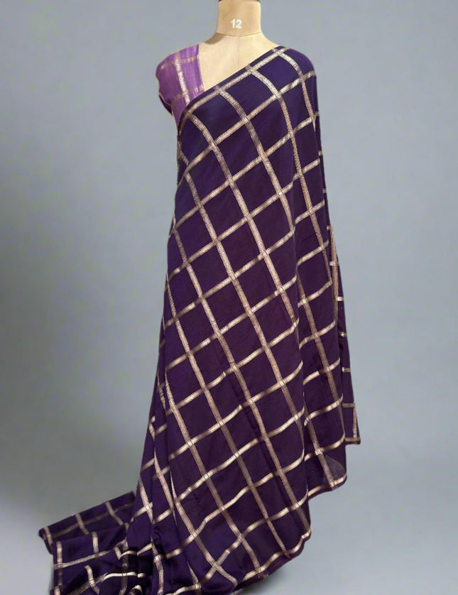 Purple soft tussar crepe checks saree