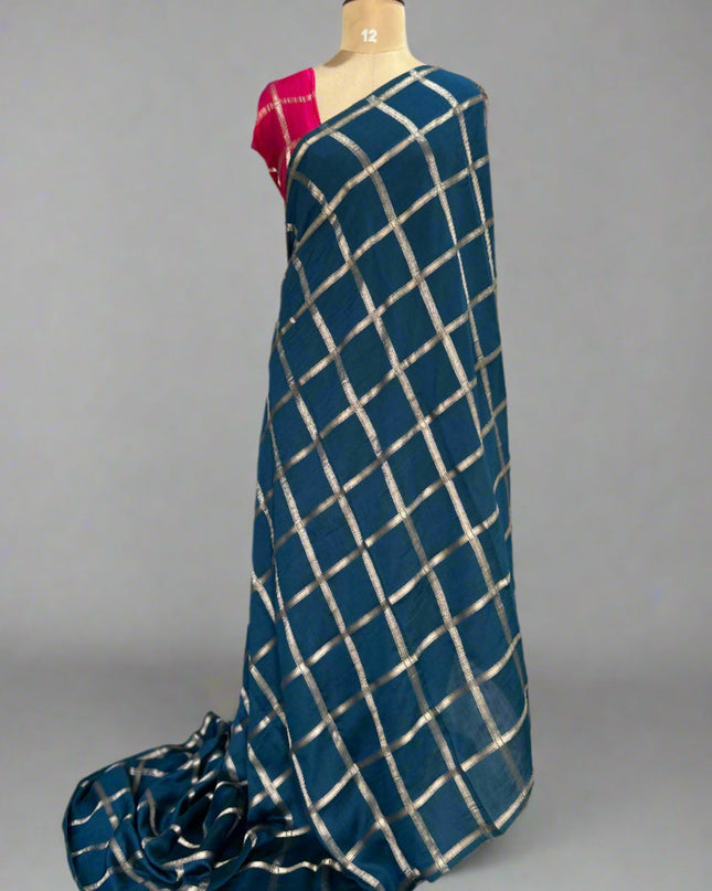 Peacock blue soft tussar crepe checks saree