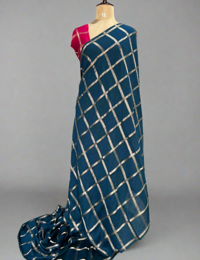 Peacock blue soft tussar crepe checks saree
