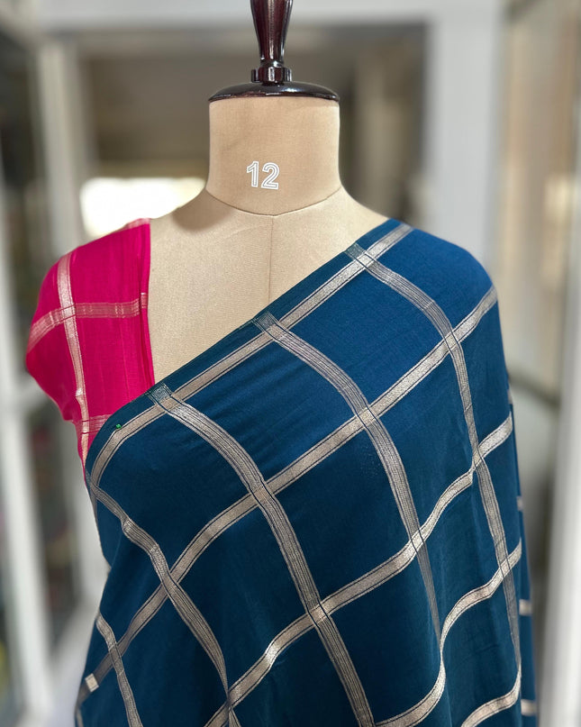 Peacock blue soft tussar crepe checks saree