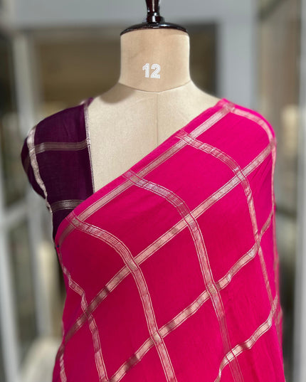 Pink soft tussar crepe checks saree