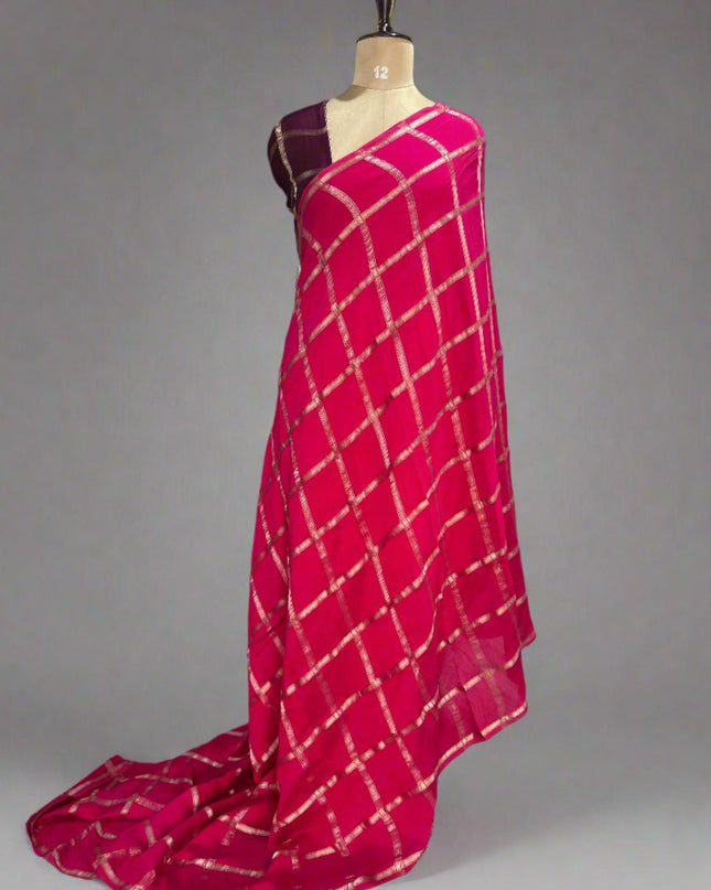 Pink soft tussar crepe checks saree