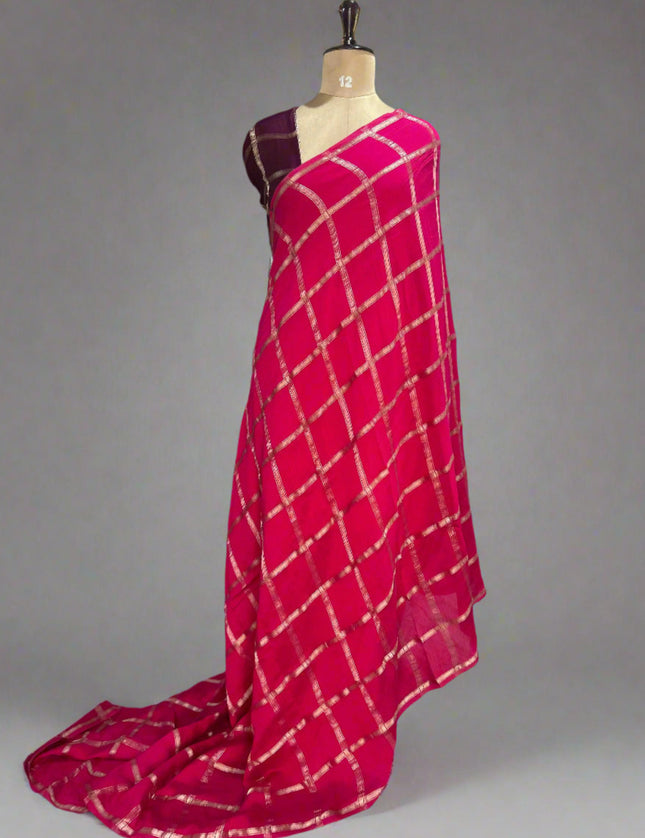 Pink soft tussar crepe checks saree