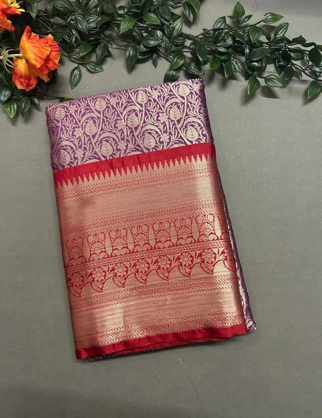 Purple brocade semi kanchi saree