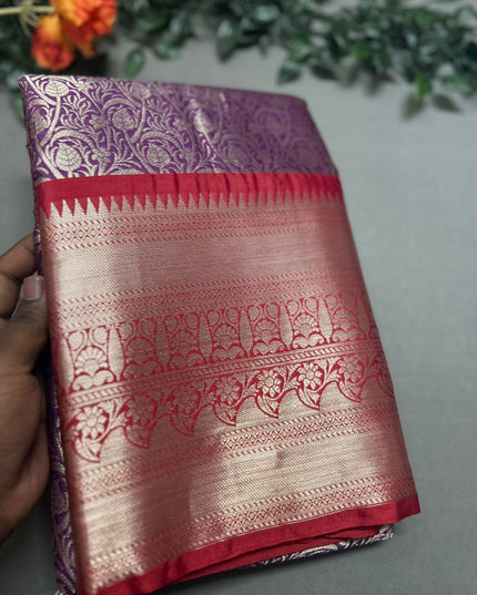 Purple brocade semi kanchi saree