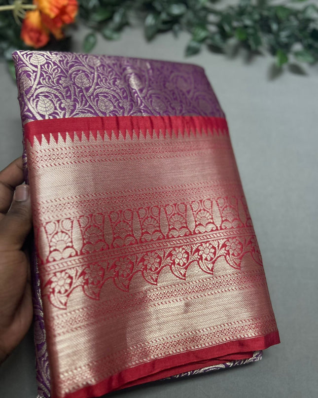 Purple brocade semi kanchi saree