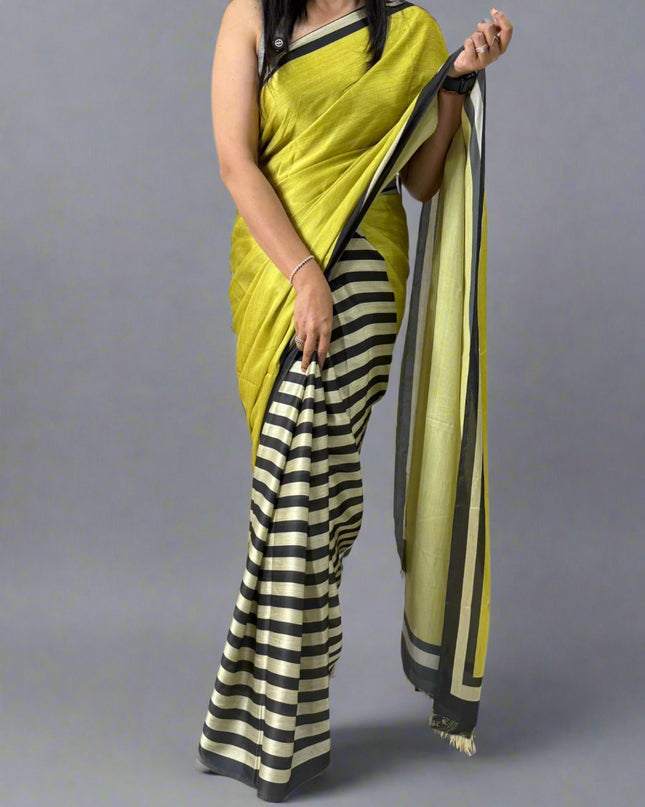 Black n white stripes yellow-09 saree