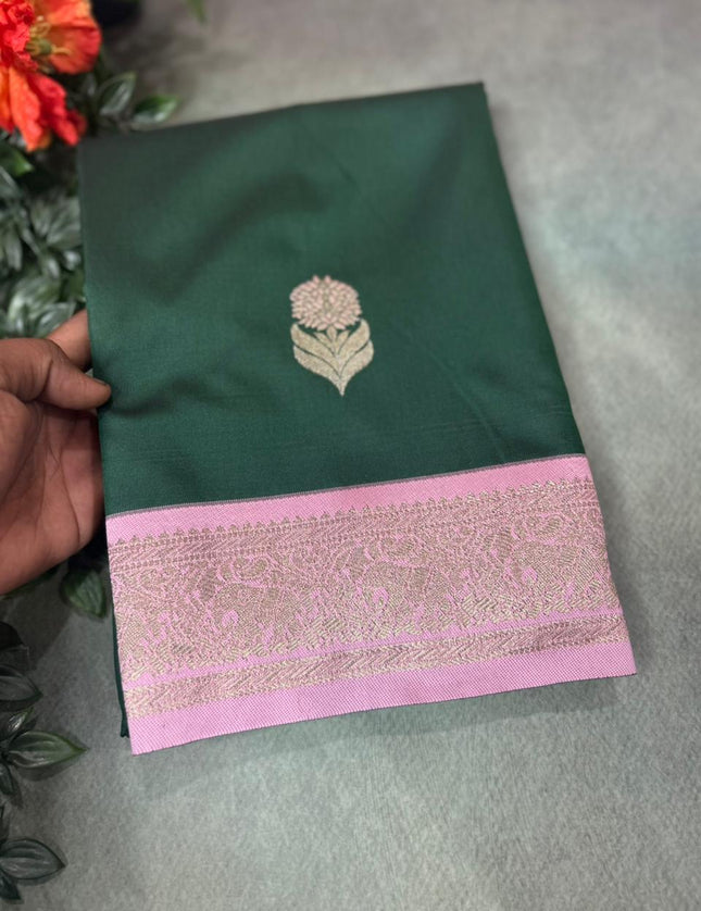 Bottle green small border semi soft-10 silk saree