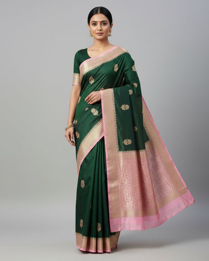 Bottle green small border semi soft-10 silk saree