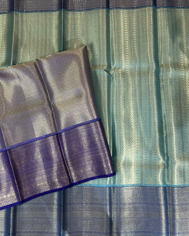 Sea green n blue semi banarasi tissue saree