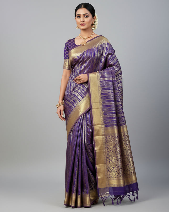 Royal blue semi banarasi tissue saree