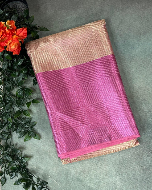 Golden tissue n pink border stripes tissue saree