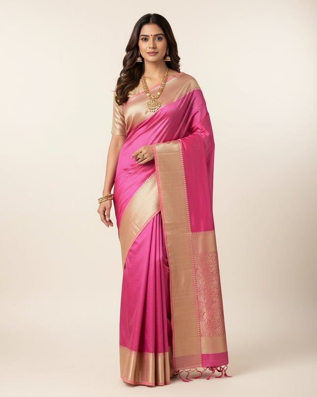 Golden tissue n pink border stripes tissue saree