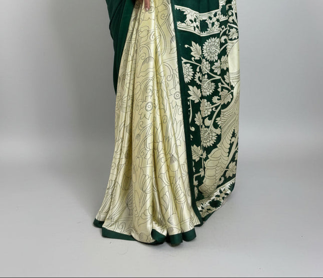 Green kalamkari print moda satin crepe saree