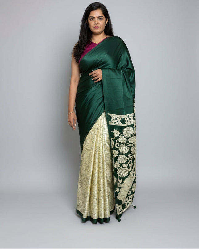 Green kalamkari print moda satin crepe saree