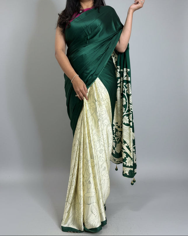Green kalamkari print moda satin crepe saree