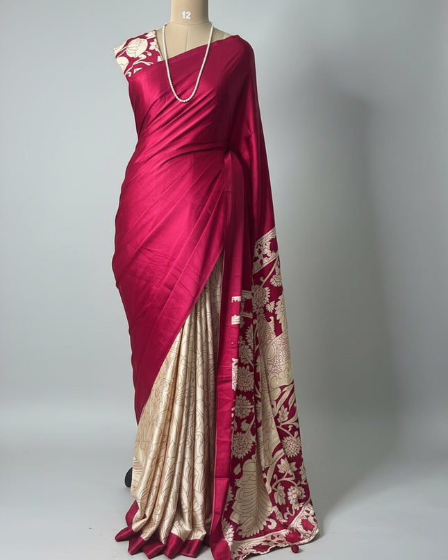 Rani pink kalamkari print modal satin crepe saree