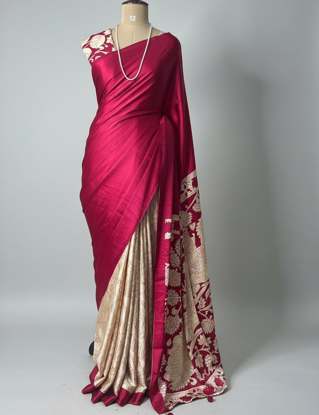 Rani pink kalamkari print modal satin crepe saree