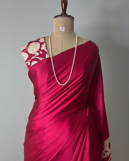 Rani pink kalamkari print modal satin crepe saree
