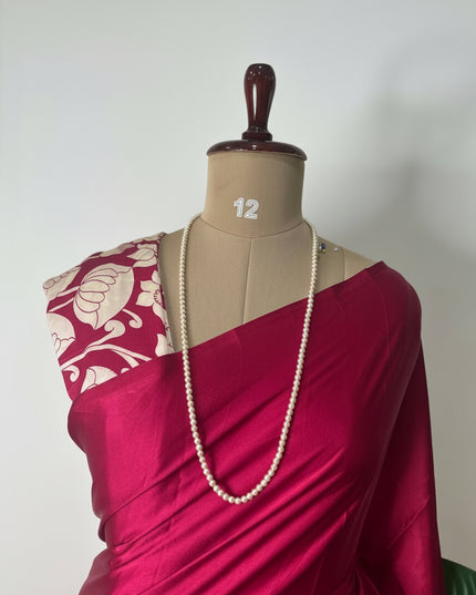 Rani pink kalamkari print modal satin crepe saree