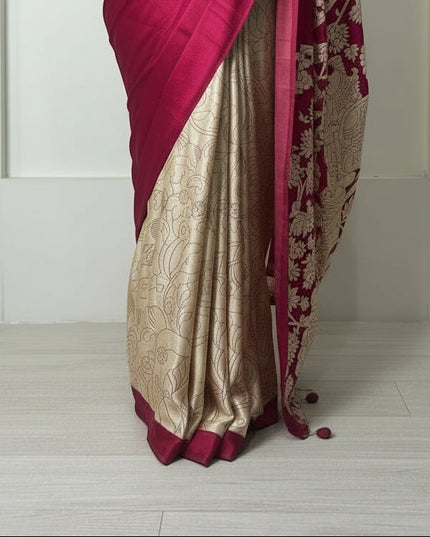 Rani pink kalamkari print modal satin crepe saree
