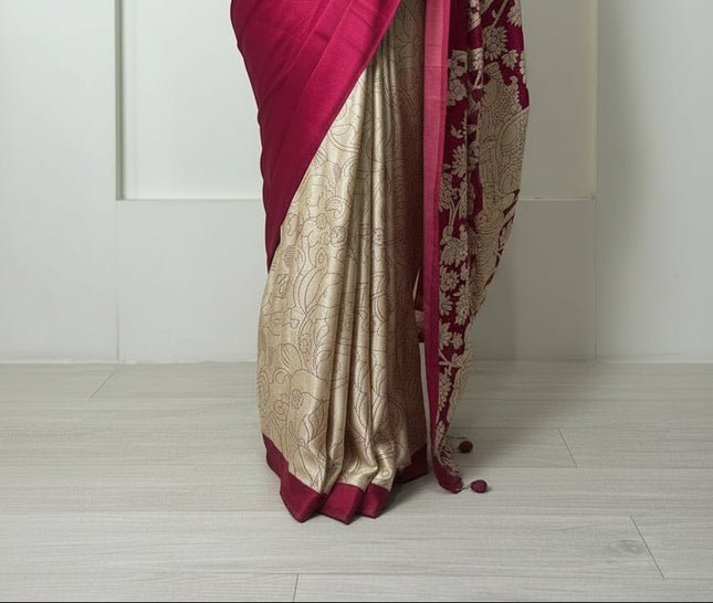 Rani pink kalamkari print modal satin crepe saree