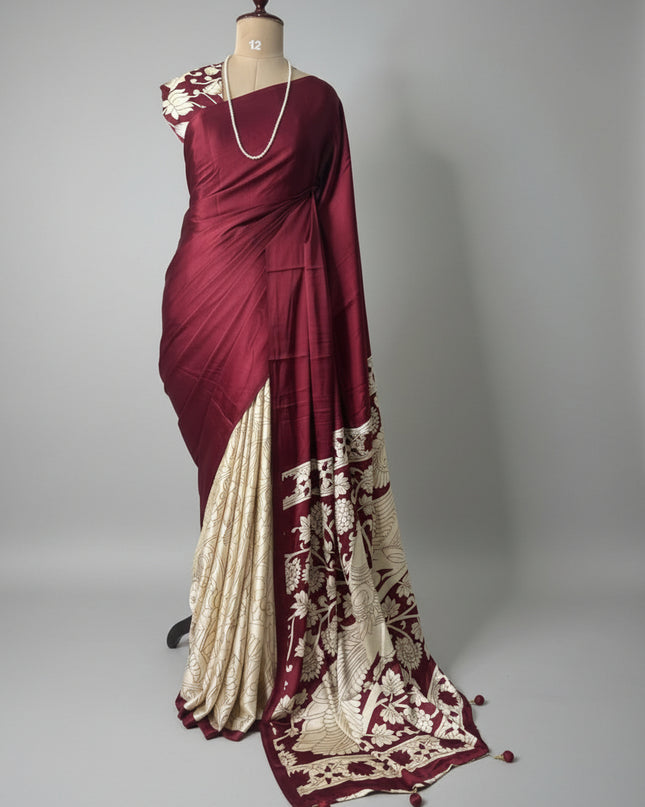 Maroon kalamkari print modal satin crepe saree