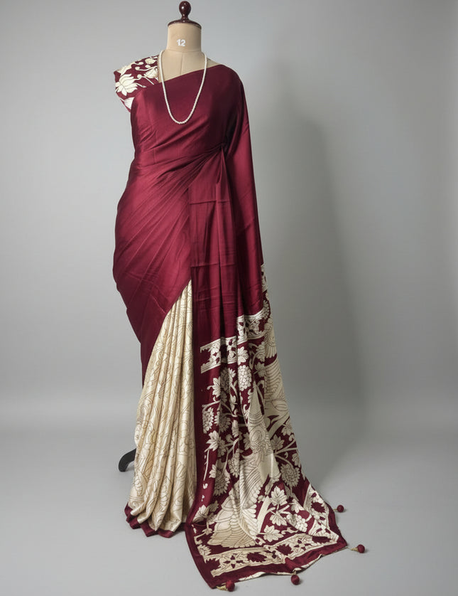 Maroon kalamkari print modal satin crepe saree