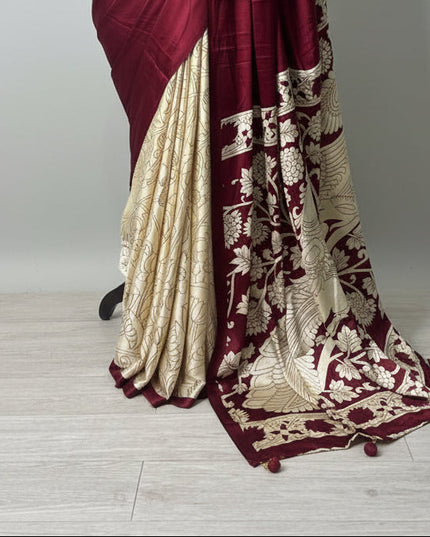 Maroon kalamkari print modal satin crepe saree