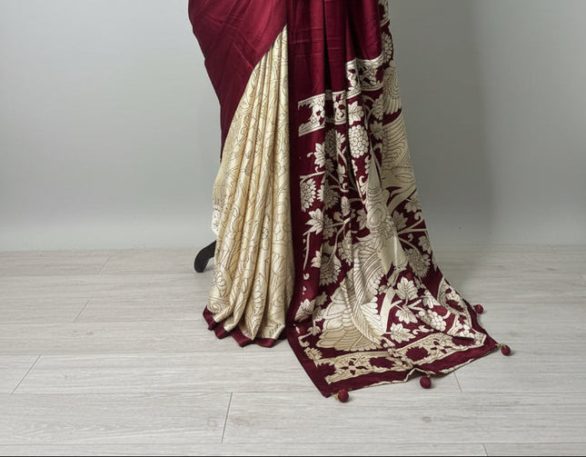 Maroon kalamkari print modal satin crepe saree