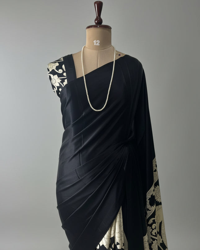 Black kalamkari print modal satin crepe saree