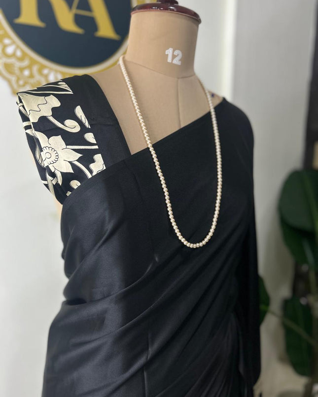 Black kalamkari print modal satin crepe saree