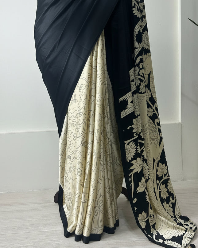 Black kalamkari print modal satin crepe saree