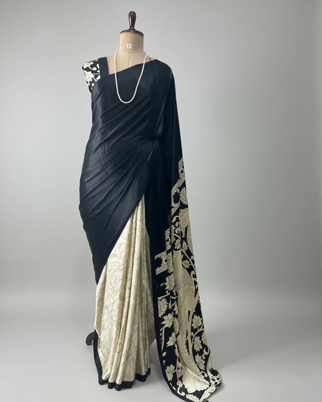 Black kalamkari print modal satin crepe saree