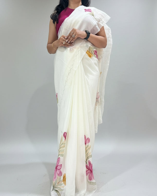 White tissue georgette elegant party wear saree