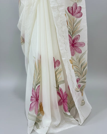 White tissue georgette elegant party wear saree