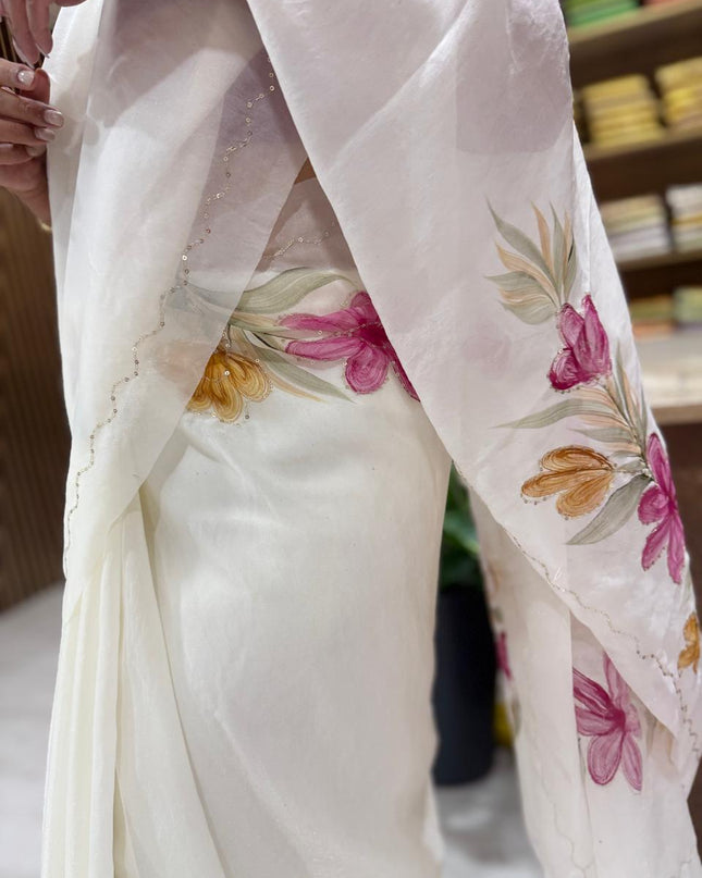 White tissue georgette elegant party wear saree