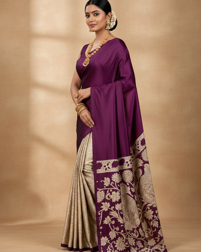 Wine kalamkari print modal satin crepe saree